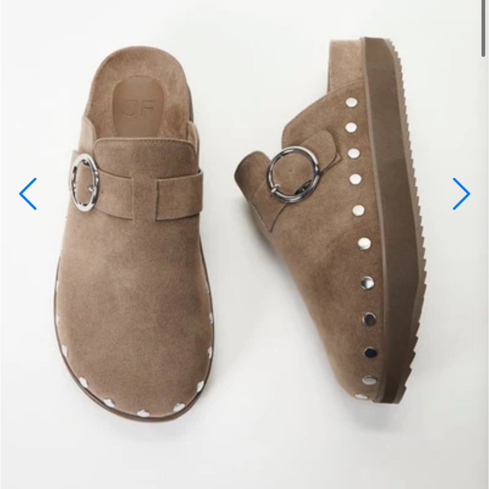 Just Fab Tan Studded Suede Mules with Buckle Detail